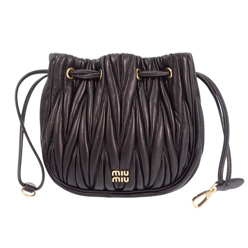 Miu Miu Miu Matelasse Pouch Drawstring Purse Lambskin Black Gold