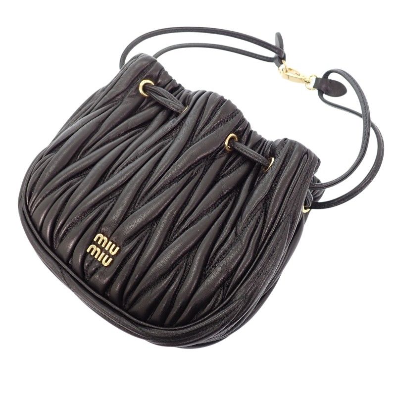 Miu Miu Miu Matelasse Pouch Drawstring Purse Lambskin Black Gold