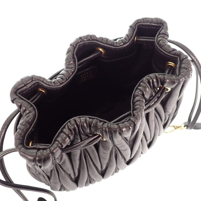 Miu Miu Miu Matelasse Pouch Drawstring Purse Lambskin Black Gold