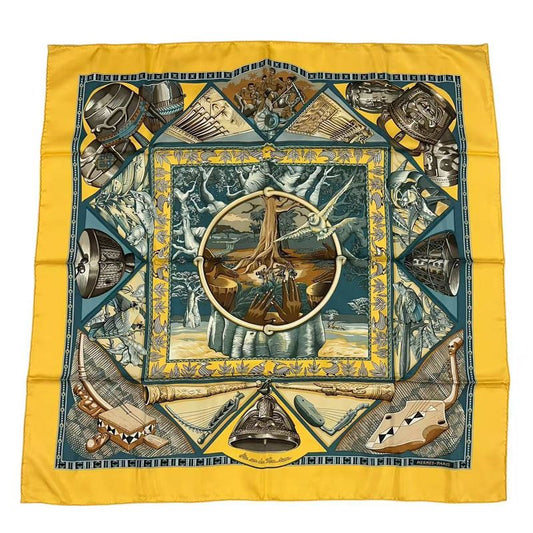 Hermes Scarf Carre 90 Au Son du Tam Silk Yellow to the Sound of Tam
