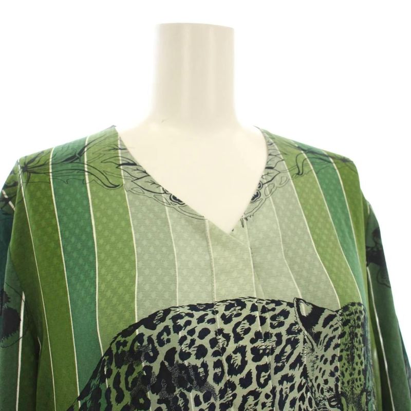 Hermes Jungle Love Shirt Dress Long Sleeve Long Silk Cashmere 36 Green