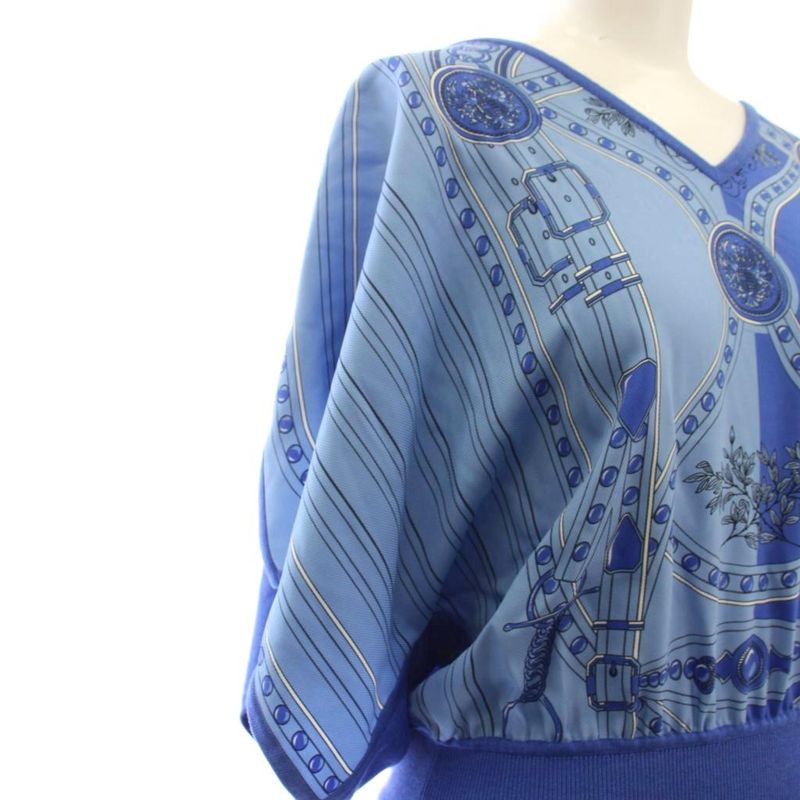 Hermes Knit Dress Short Sleeve Long Silk 36 Blue Sweater