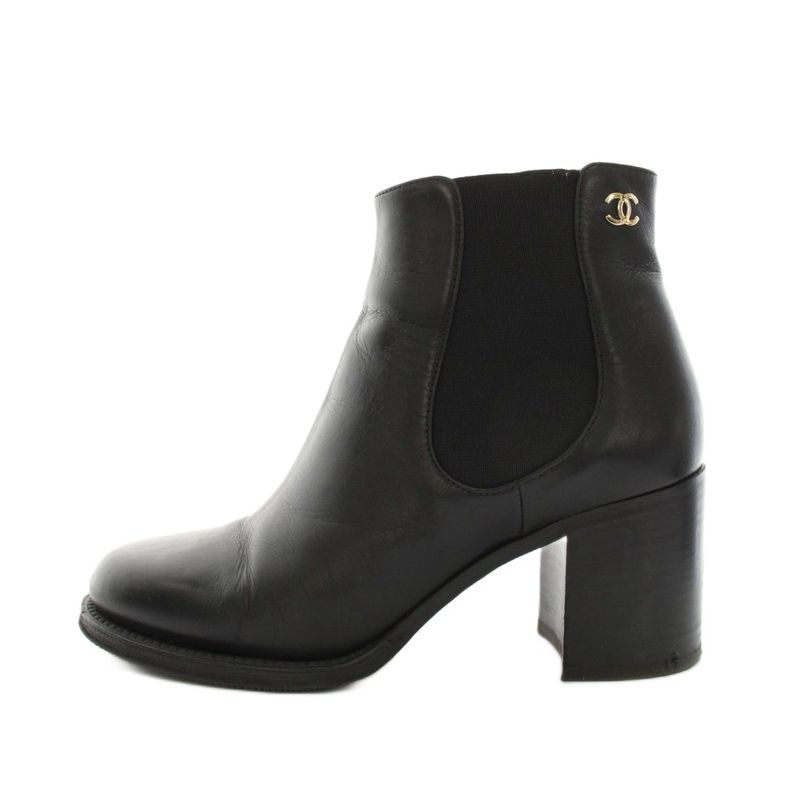 Chanel Side Gore Boots Short Leather CC Logo Vibram Sole 36c Black YT