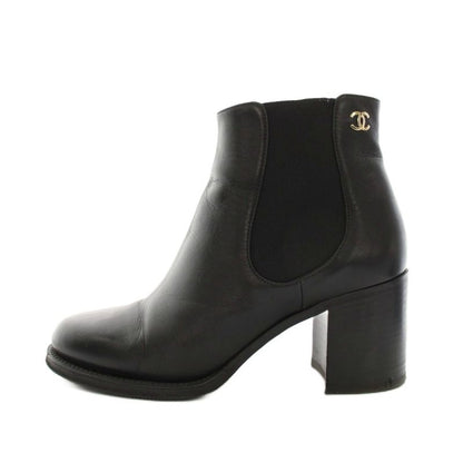 Chanel Side Gore Boots Short Leather CC Logo Vibram Sole 36c Black YT