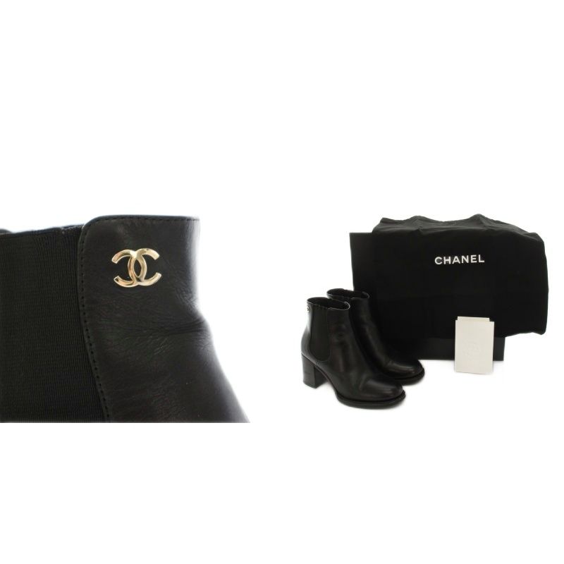 Chanel Side Gore Boots Short Leather CC Logo Vibram Sole 36c Black YT