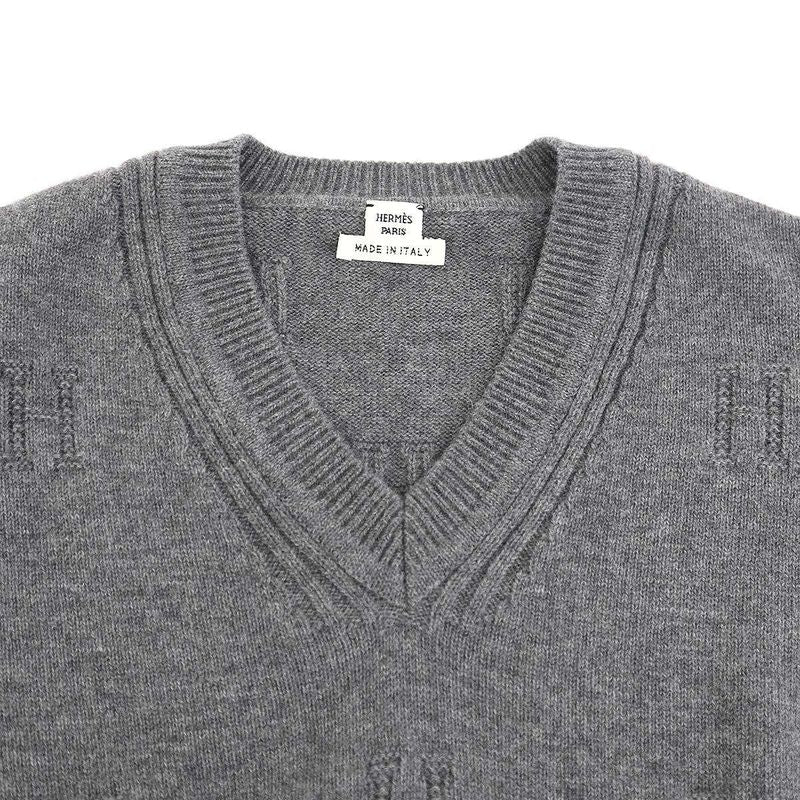 Hermes Hlogo Jacquard V-neck Knit Sweater Gray 34