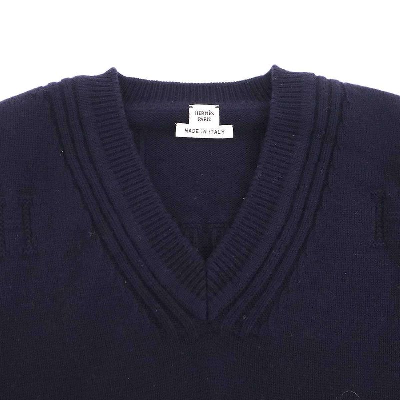 Hermes Hlogo Jacquard V-neck Wool Knit Sweater Navy 34