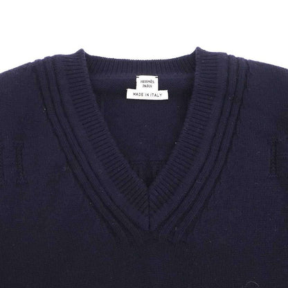 Hermes Hlogo Jacquard V-neck Wool Knit Sweater Navy 34