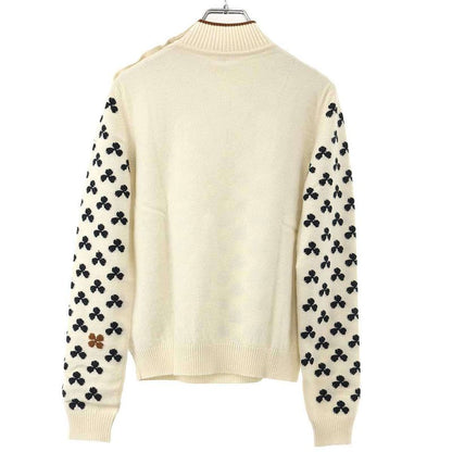Hermes Series Button High Neck Clover Cashmere Knit Sweater Ivory 36