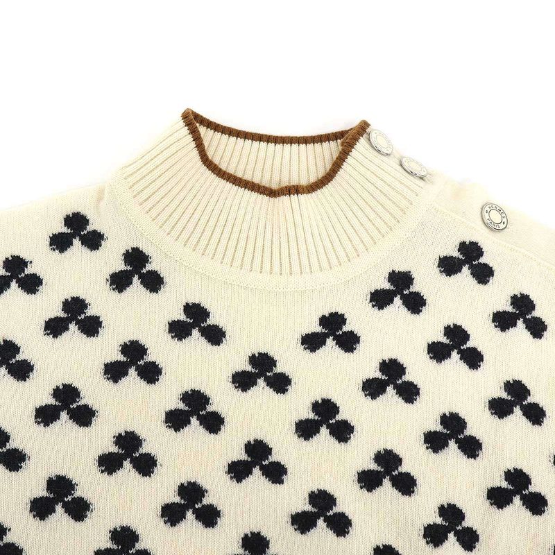 Hermes Series Button High Neck Clover Cashmere Knit Sweater Ivory 36
