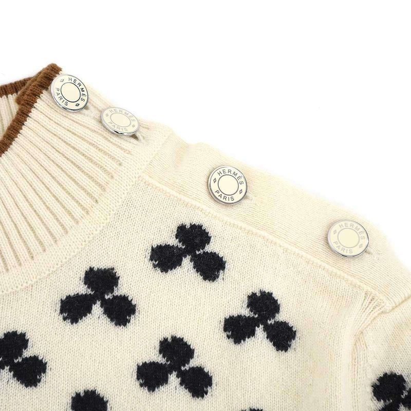 Hermes Series Button High Neck Clover Cashmere Knit Sweater Ivory 36