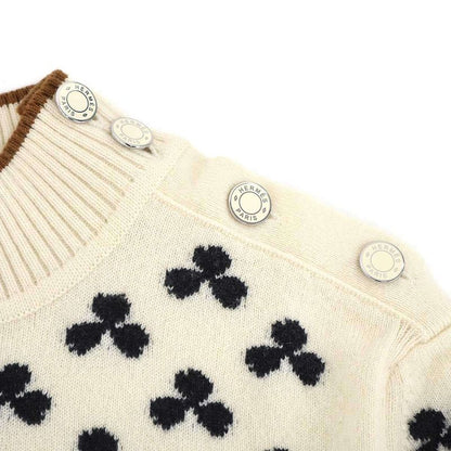Hermes Series Button High Neck Clover Cashmere Knit Sweater Ivory 36