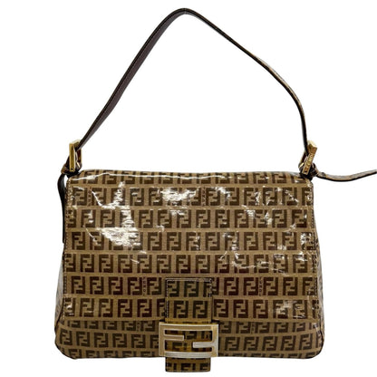 Fendi Zucchino Mamma Baguette Shoulder Bag Patent Brown