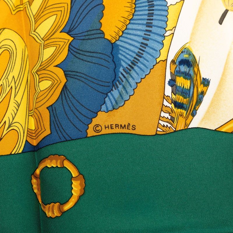 Hermes Carre 90 Soleil de Soie Silk Sun Scarf Large Green Beige Multicolor