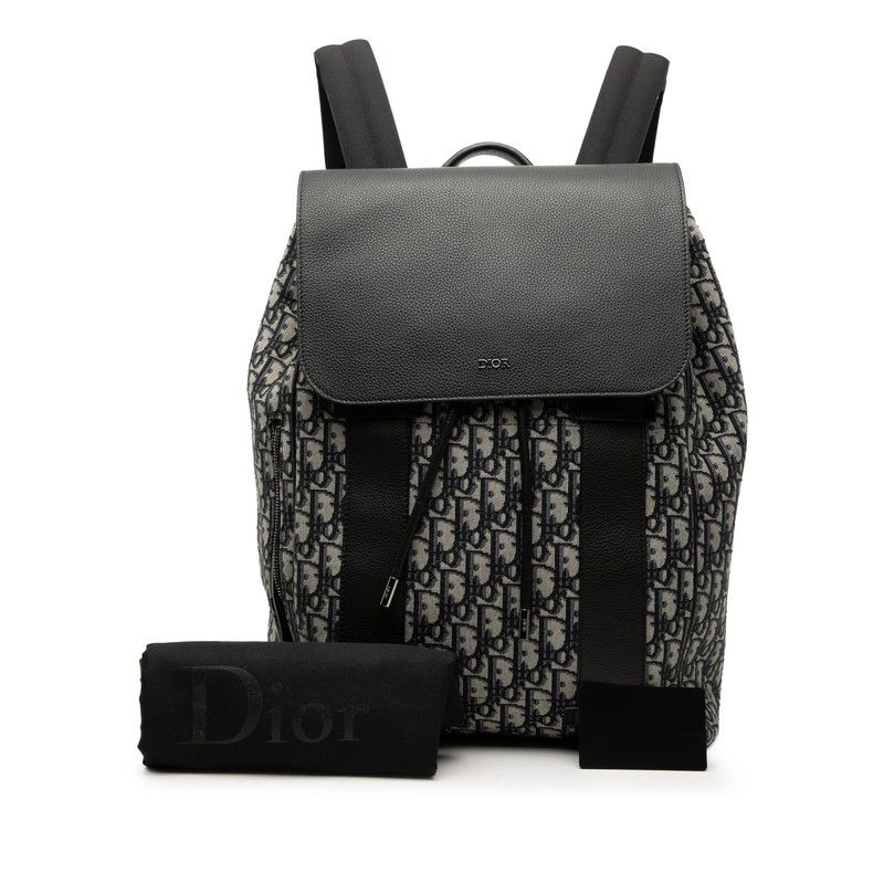 Dior Trotter Oblique Logo Jacquard Backpack Black Gray Leather Fabric