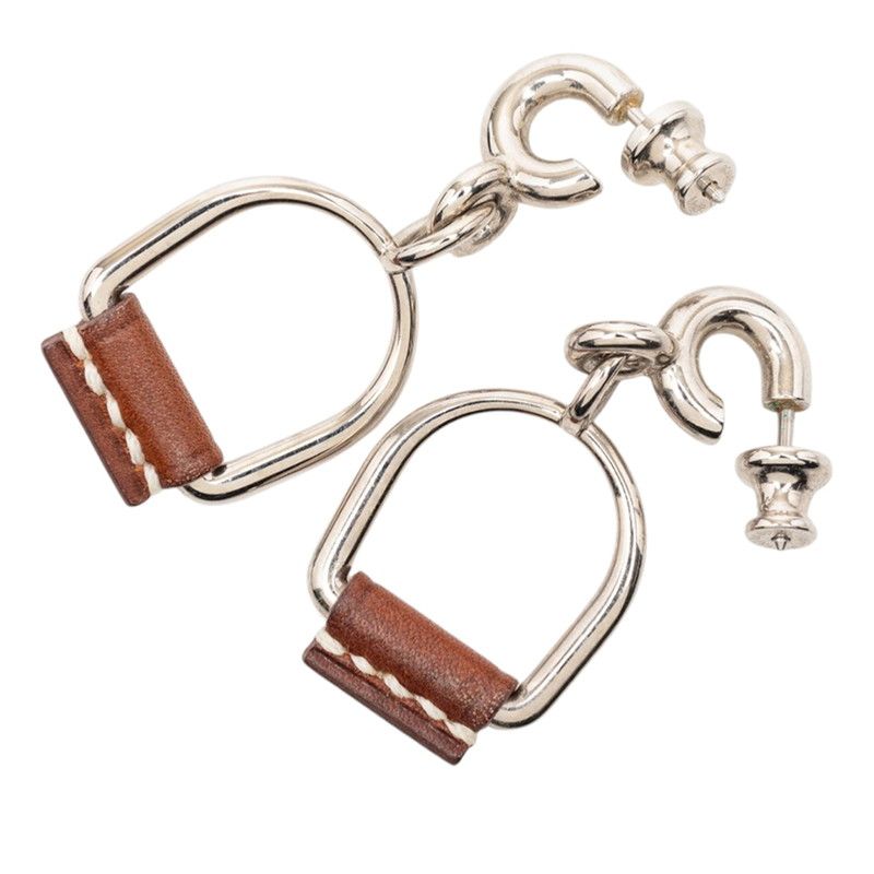 Hermes Elitage Equestre Etrier PM Earrings Silver Brown Metal Leather