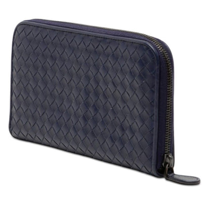 Bottega Veneta Intrecciato Zip Around Wallet Navy Leather