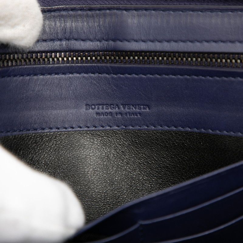 Bottega Veneta Intrecciato Zip Around Wallet Navy Leather