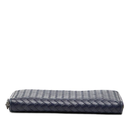 Bottega Veneta Intrecciato Zip Around Wallet Navy Leather