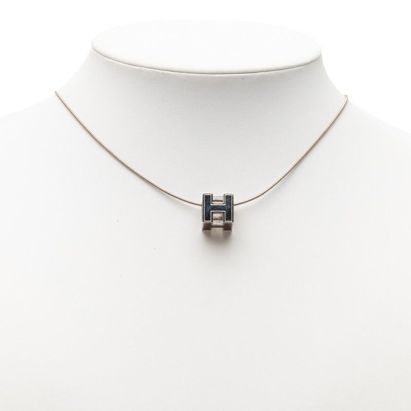 Hermes Cage de Ash Cube Necklace Silver Purple Metal Enamel