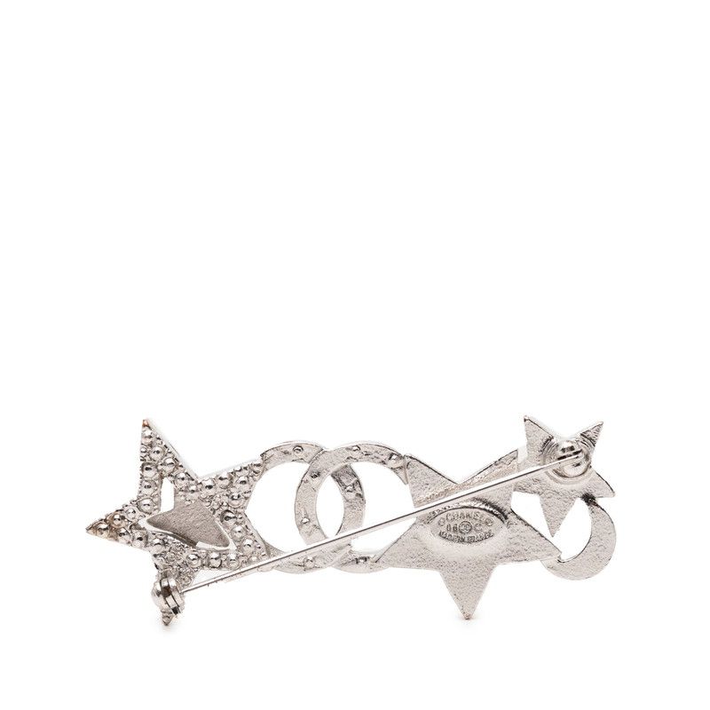 Chanel CC Logo Star Motif Brooch Silver Metal Line Stone