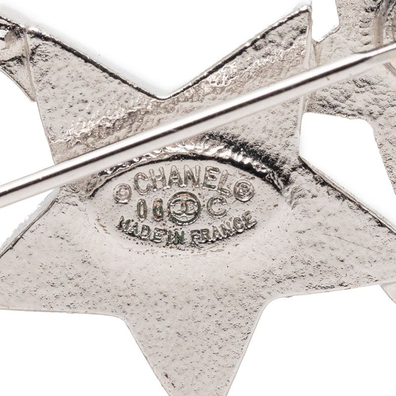Chanel CC Logo Star Motif Brooch Silver Metal Line Stone