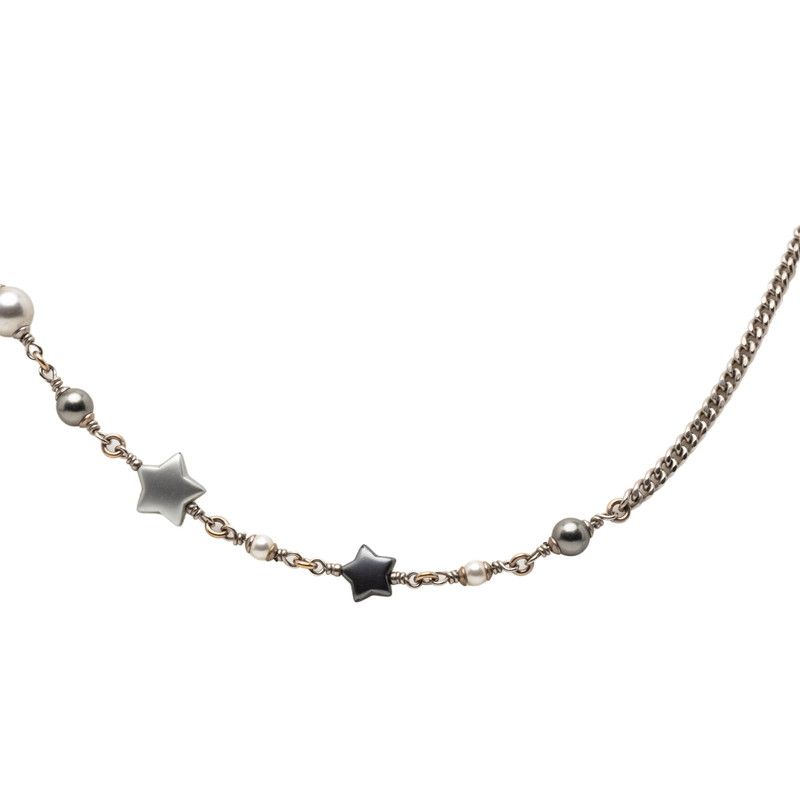 Chanel CC Logo Star Long Necklace Silver Metal Faux Pearl