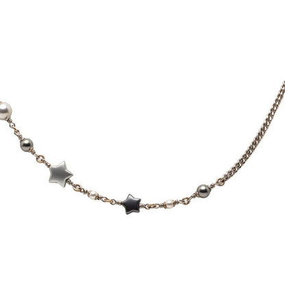 Chanel CC Logo Star Long Necklace Silver Metal Faux Pearl