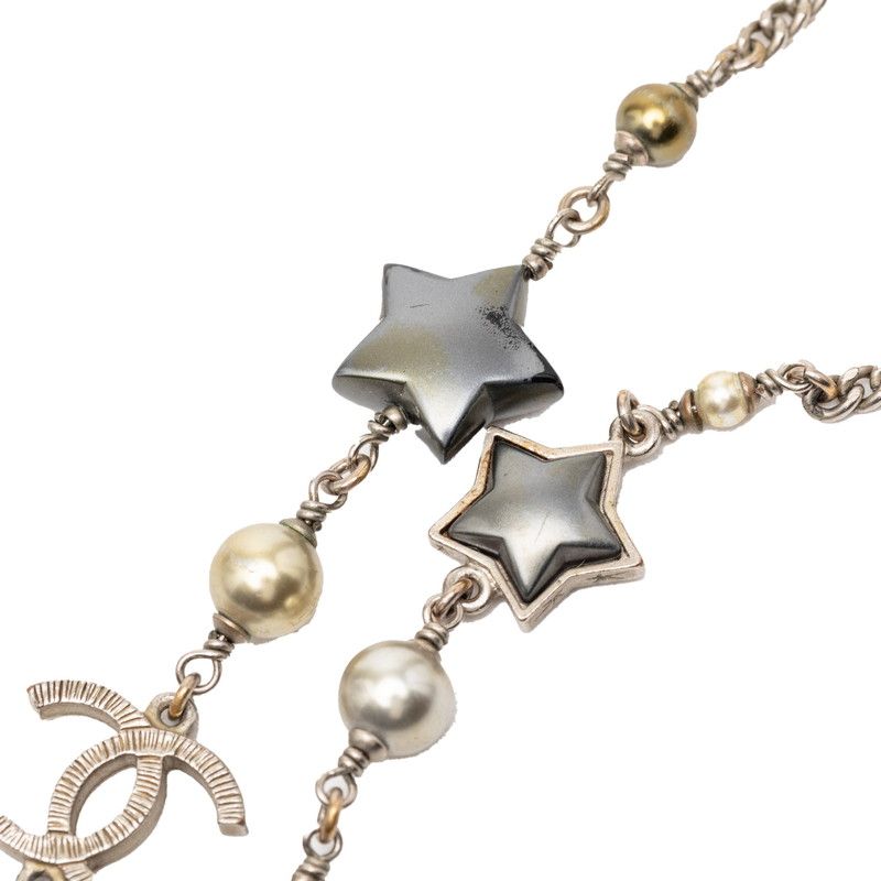 Chanel CC Logo Star Long Necklace Silver Metal Faux Pearl