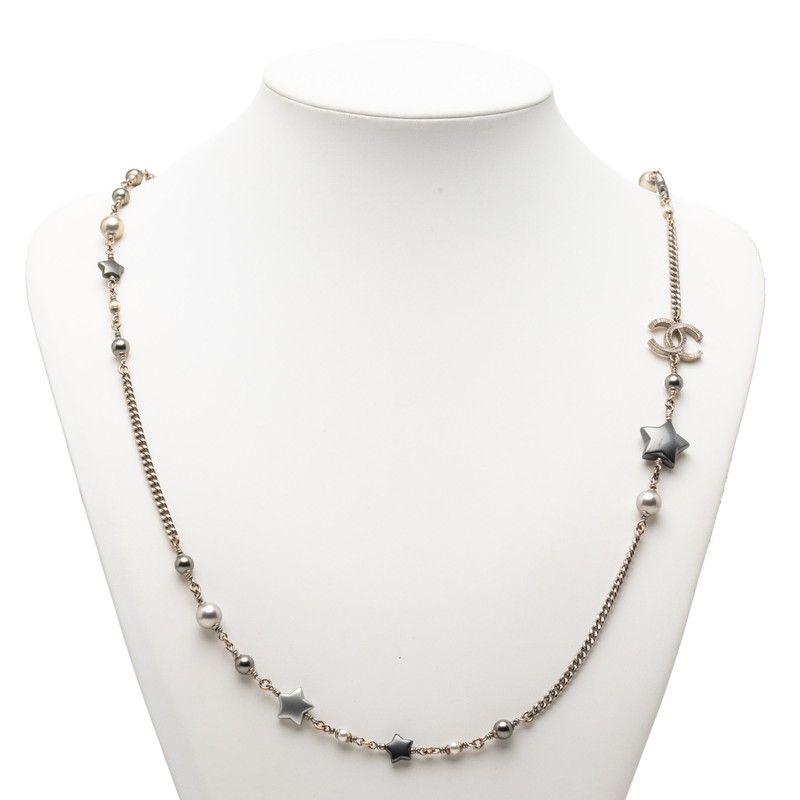 Chanel CC Logo Star Long Necklace Silver Metal Faux Pearl