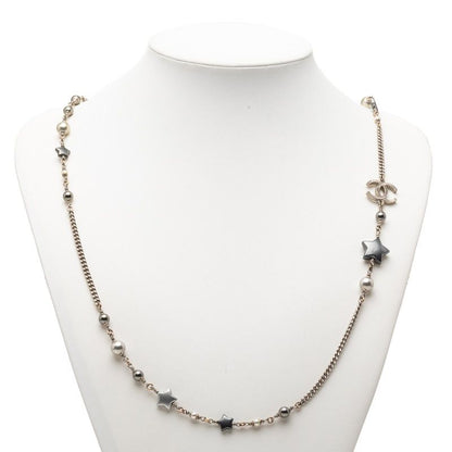 Chanel CC Logo Star Long Necklace Silver Metal Faux Pearl