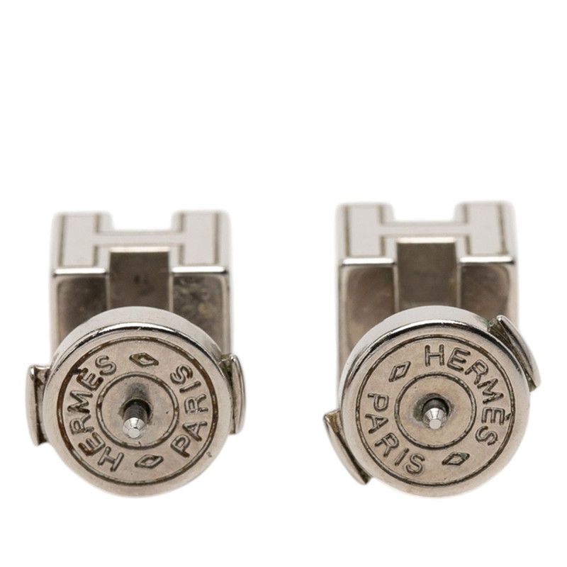 Hermes Cage de Ash Cube Earrings Silver Beige Metal Enamel