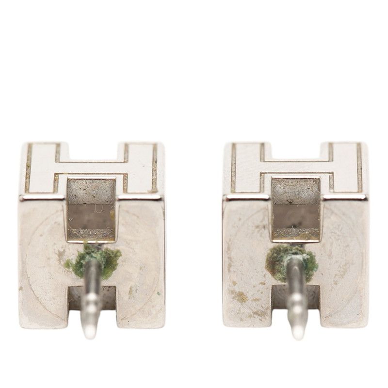 Hermes Cage de Ash Cube Earrings Silver Beige Metal Enamel