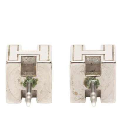 Hermes Cage de Ash Cube Earrings Silver Beige Metal Enamel