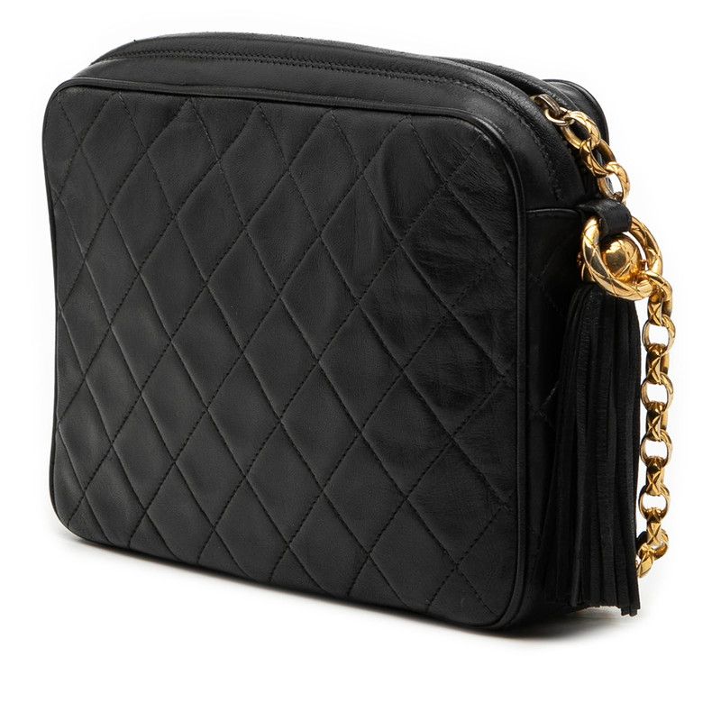 Chanel Quilted CC Logo Tassel Chain Shoulder Bag Black Lambskin
