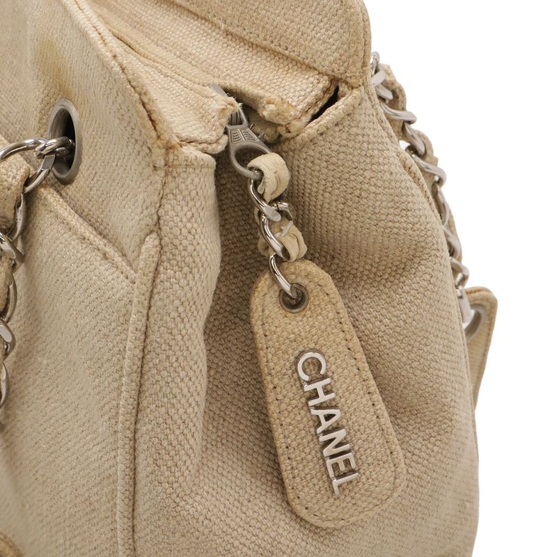 Chanel Linen Logo Chain Shoulder Bag Semi Beige Silver