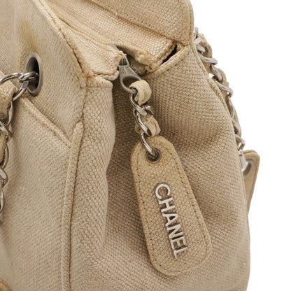 Chanel Linen Logo Chain Shoulder Bag Semi Beige Silver