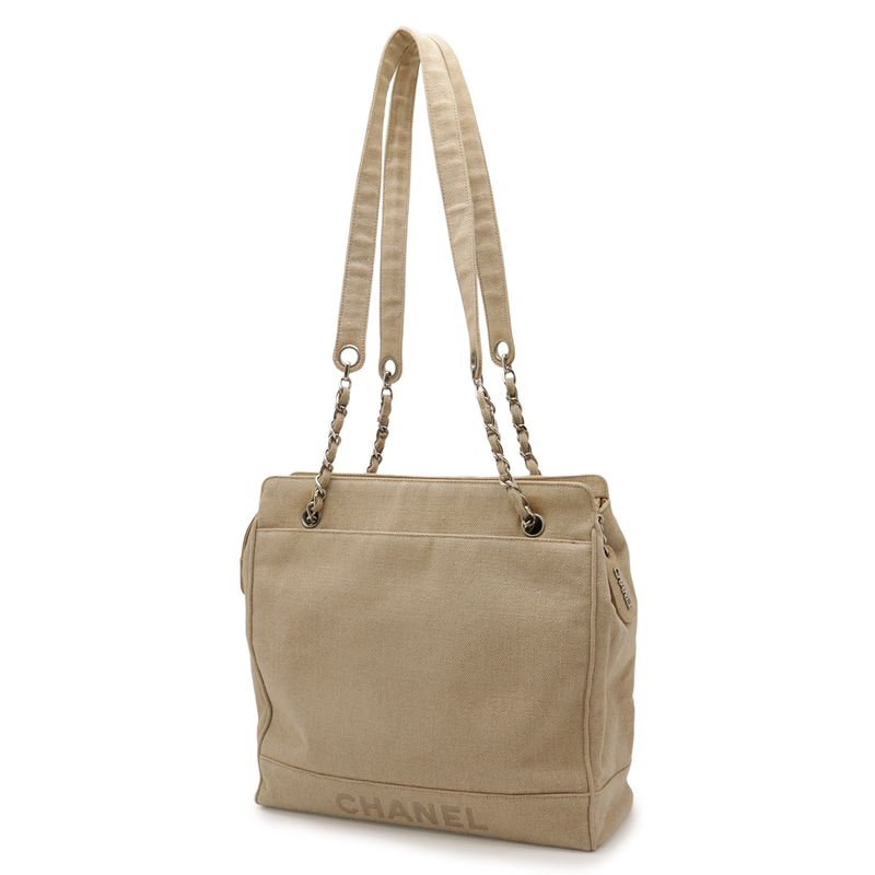 Chanel Linen Logo Chain Shoulder Bag Semi Beige Silver