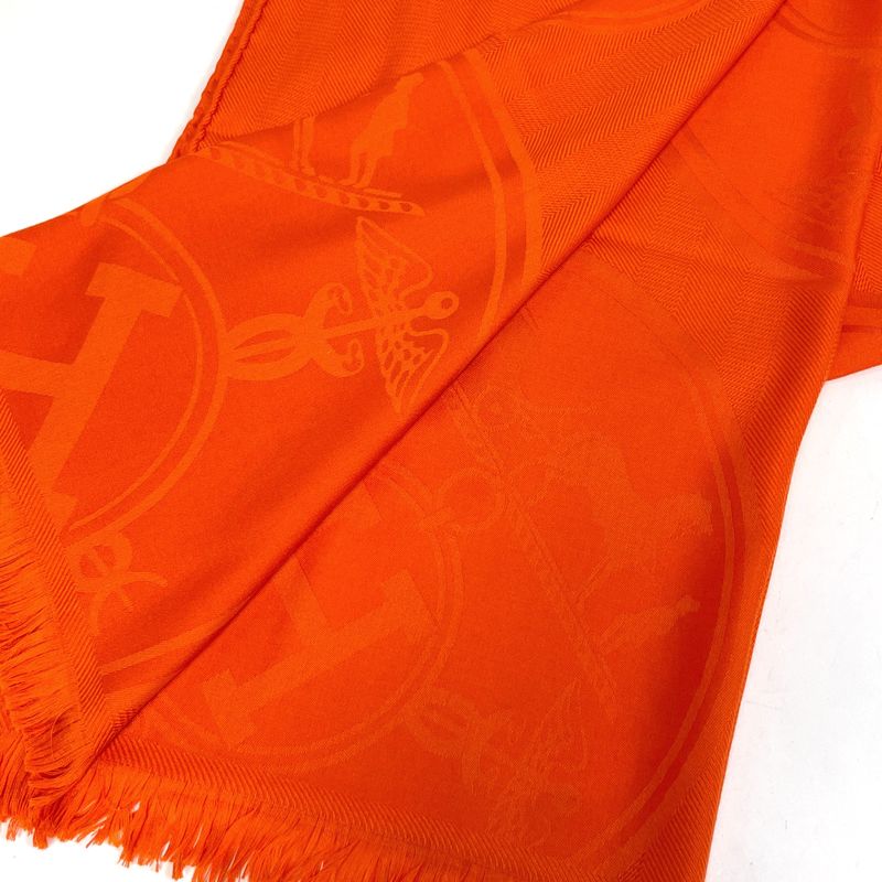 Hermes Logo Shawl Fringe Cashmere Silk Orange Scarf