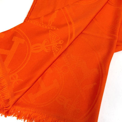 Hermes Logo Shawl Fringe Cashmere Silk Orange Scarf