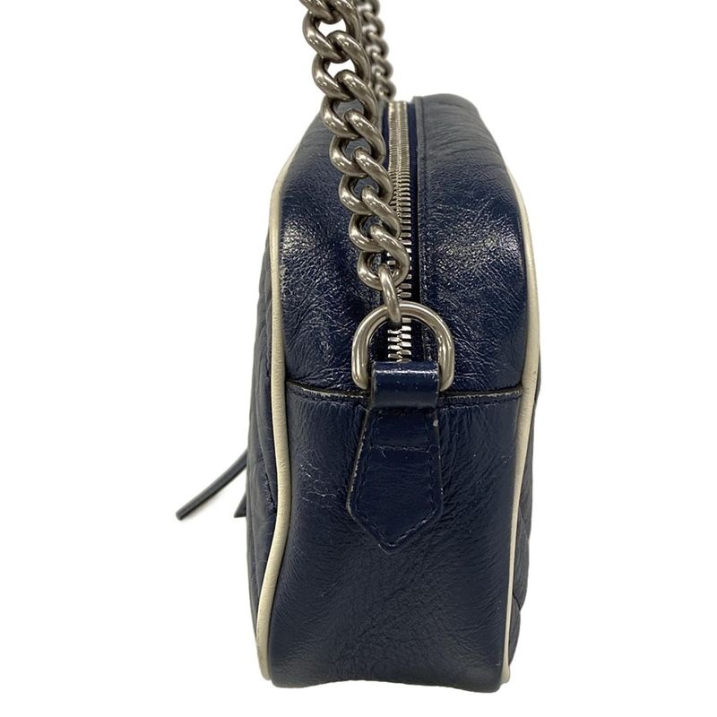 Gucci Shoulder Bag GG Marmont Navy Ivory Chain Leather