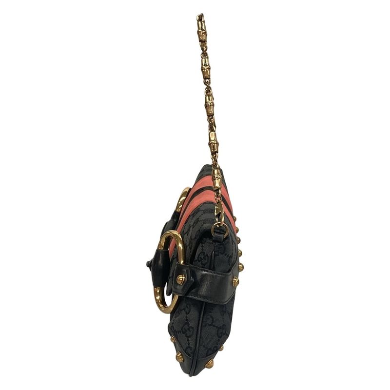 Gucci Handbag Horsebit GG Pattern Black Pink Chain Handle Leather