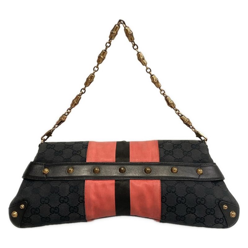 Gucci Handbag Horsebit GG Pattern Black Pink Chain Handle Leather