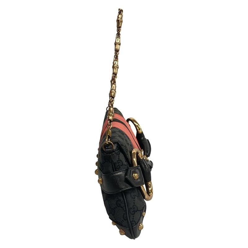 Gucci Handbag Horsebit GG Pattern Black Pink Chain Handle Leather