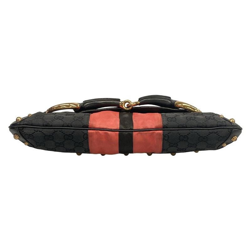 Gucci Handbag Horsebit GG Pattern Black Pink Chain Handle Leather