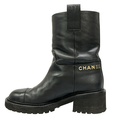 Chanel Short Boots 34.5 C Black CC Logo Leather