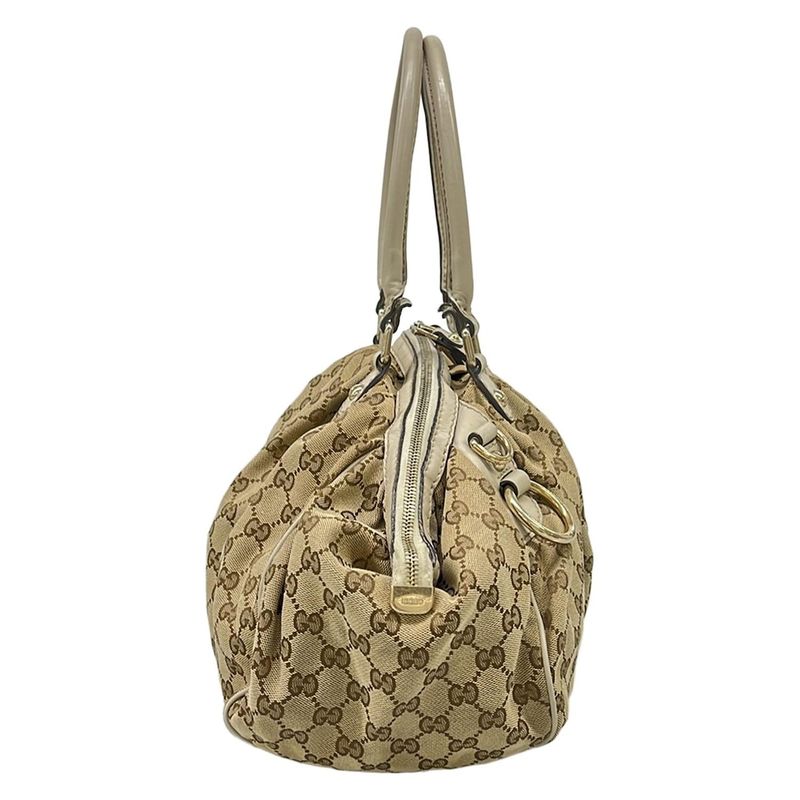 Gucci Handbag GG Pattern Beige Dark Brown Ivory Leather