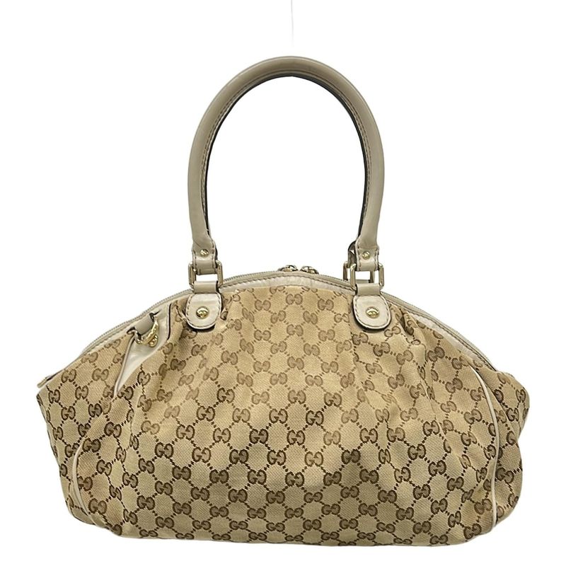 Gucci Handbag GG Pattern Beige Dark Brown Ivory Leather