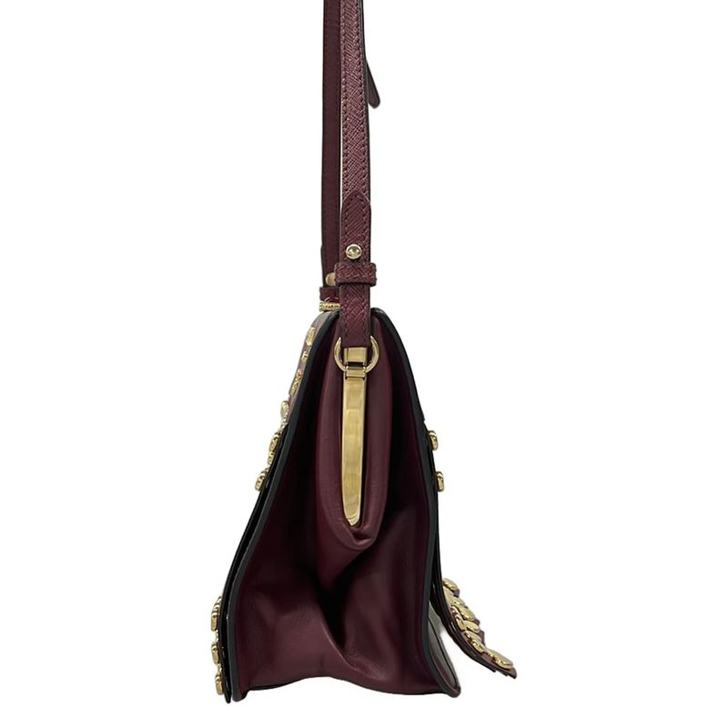 Prada Shoulder Bag Gold Fringe Line Stone Leather