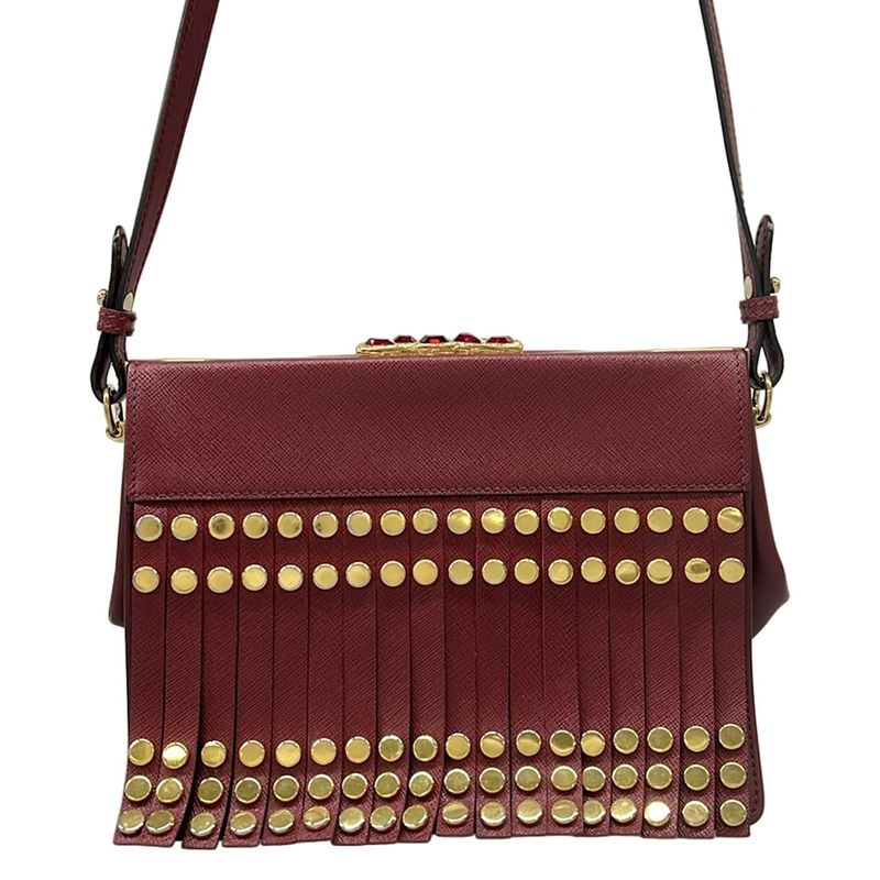 Prada Shoulder Bag Gold Fringe Line Stone Leather